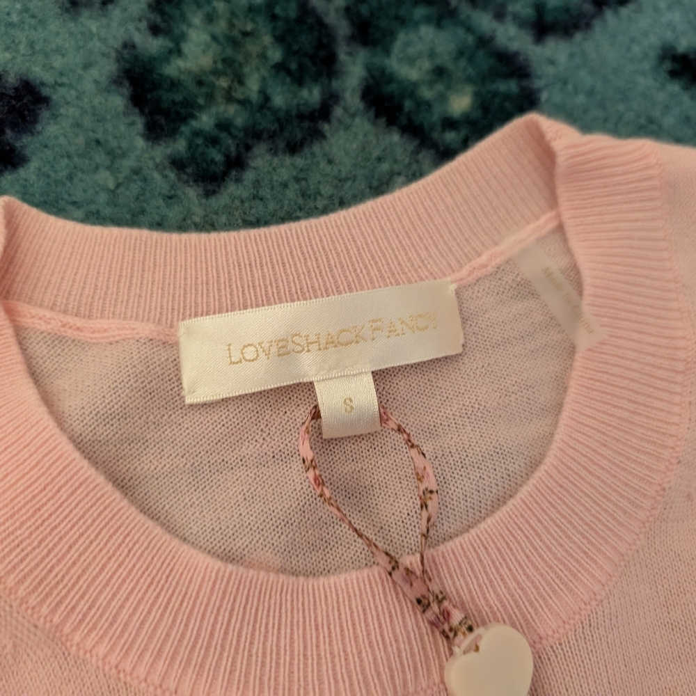 NWT LoveShackFancy Pink Cropped Sweater with Embellished Bow - Picture 8 of 9